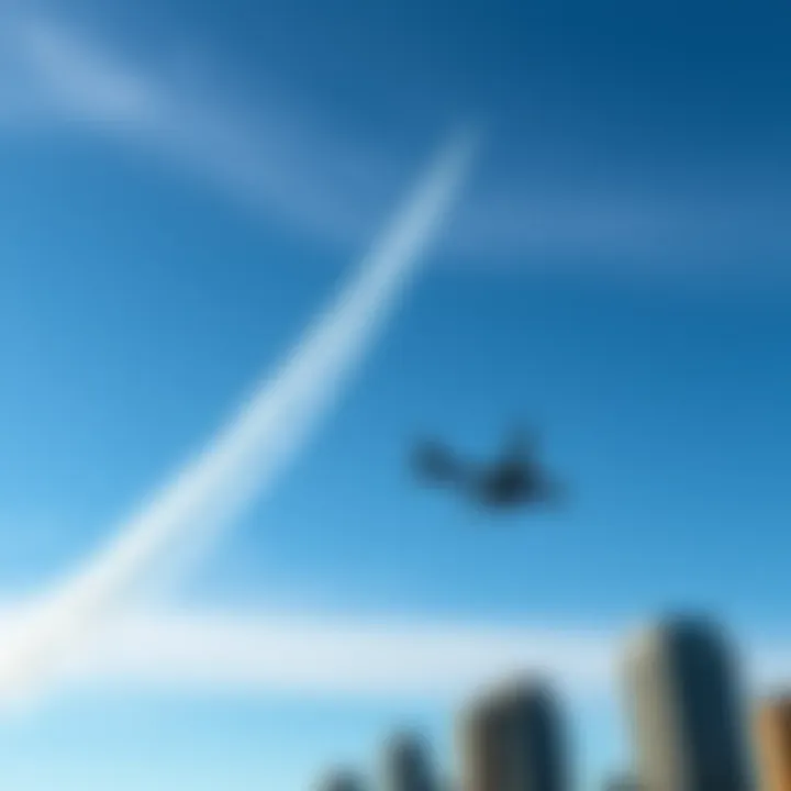 Plane leaving a contrail over the city A small airplane in the sky leaving a visible trail behind it, with a backdrop of city buildings and blue sky