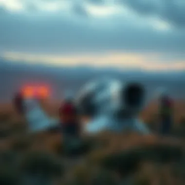 Wreckage of a small plane in a field with emergency responders nearby