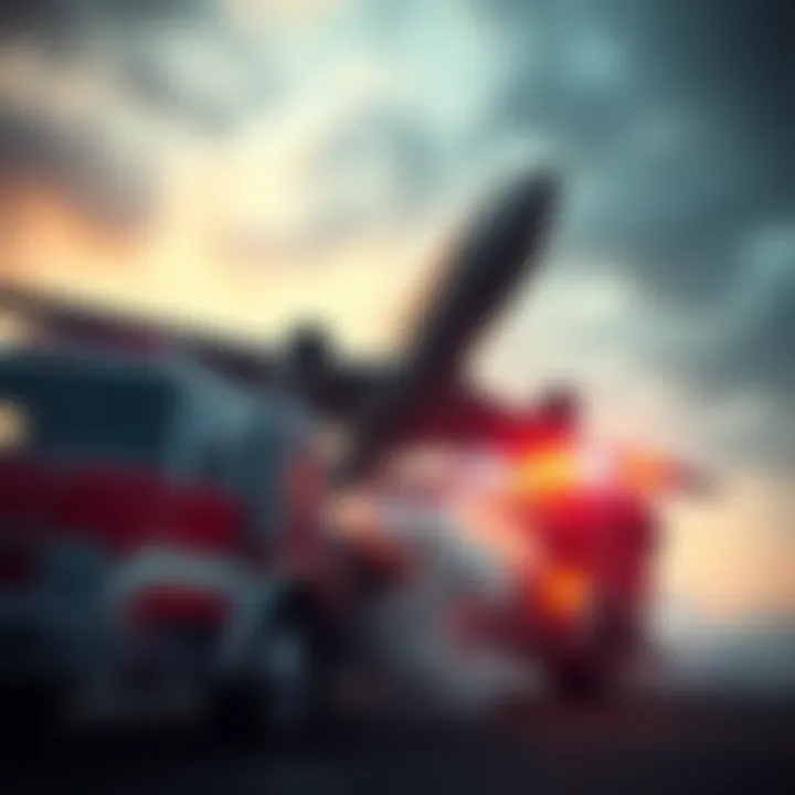Plane colliding with firetruck A plane striking a firetruck, illustrating the impact of the collision