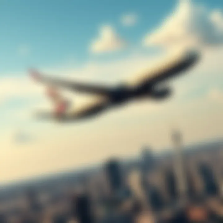 Plane in the Sky A commercial airplane flying high above a city skyline during a clear day