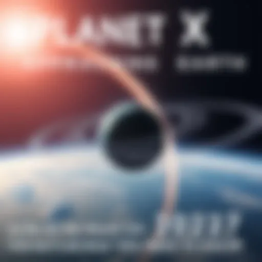 A visualization of Planet X approaching Earth, highlighting its elliptical orbit and potential impact in 2027, with a dramatic sky and planetary elements.
