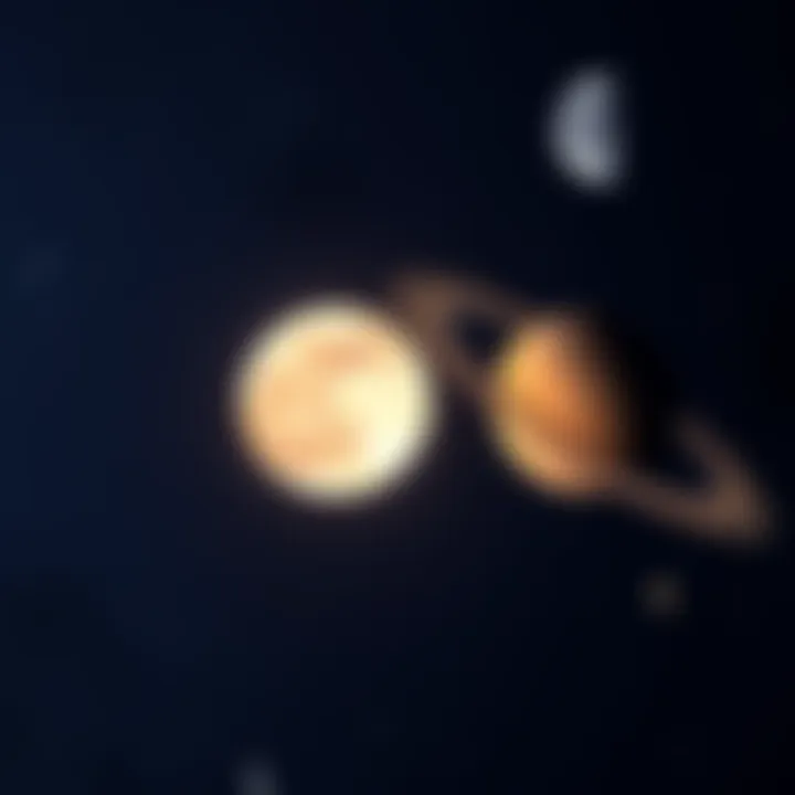 A celestial scene showing the moon and Saturn aligning in the night sky, with Neptune nearby, highlighting cosmic events for observers.