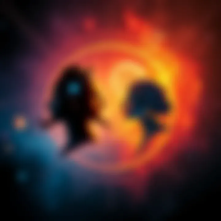 Planetary Influences on Happiness An artistic representation of Shani and Ketu, showing them in a celestial alignment with symbols of love and wealth around them, reflecting emotional and financial connections.