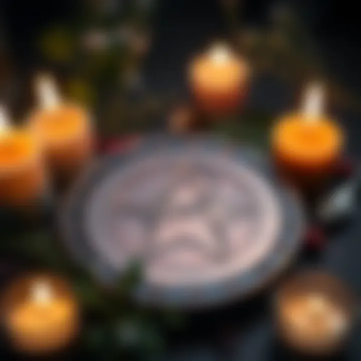 A copper plate engraved with a planetary pentacle, surrounded by candles and herbs for spell casting.