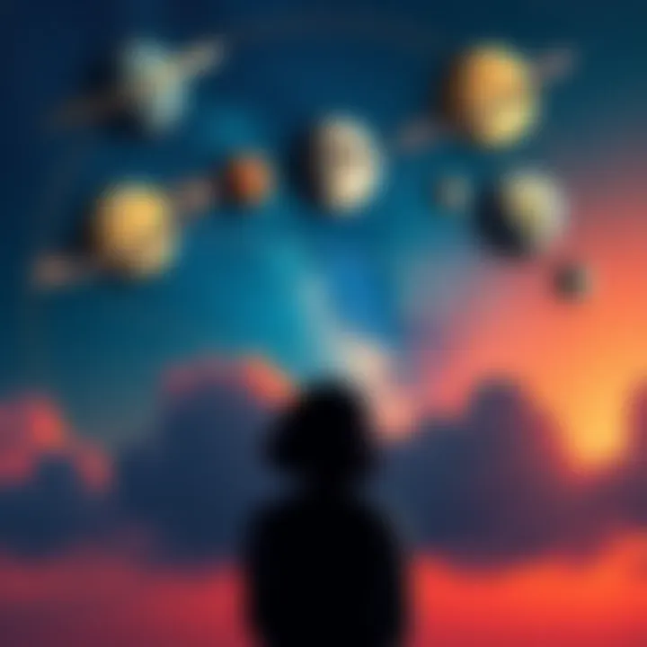 Illustration showing the planets Saturn, Moon, Mercury, and Ketu in alignment, with a person contemplating their mental health under the cosmic sky.