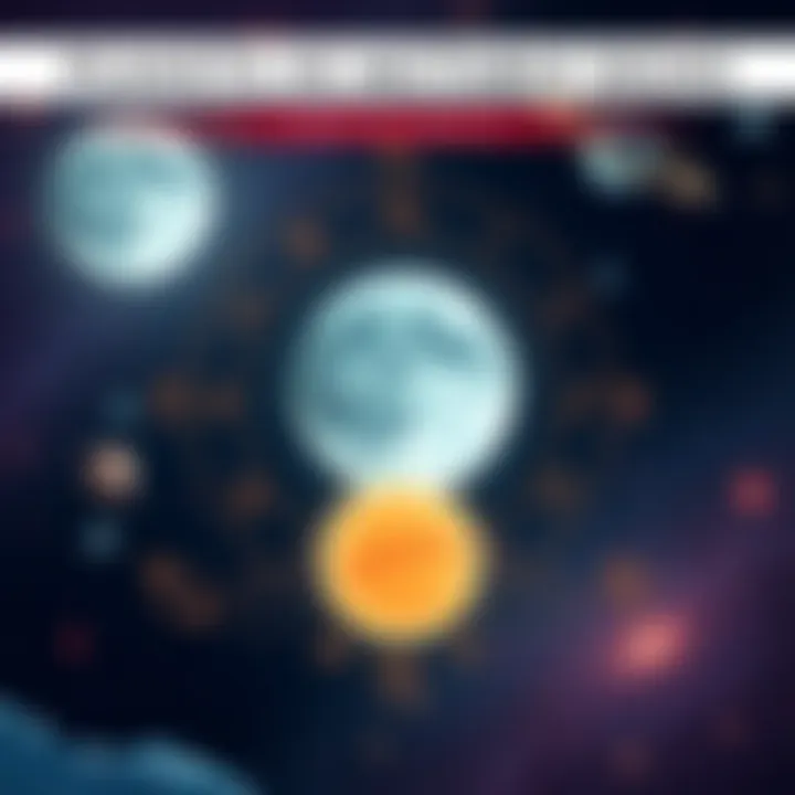 Illustration showing the Moon and Mercury surrounded by symbols representing flexibility and adaptability, with a backdrop of stars and planets in a cosmic setting.