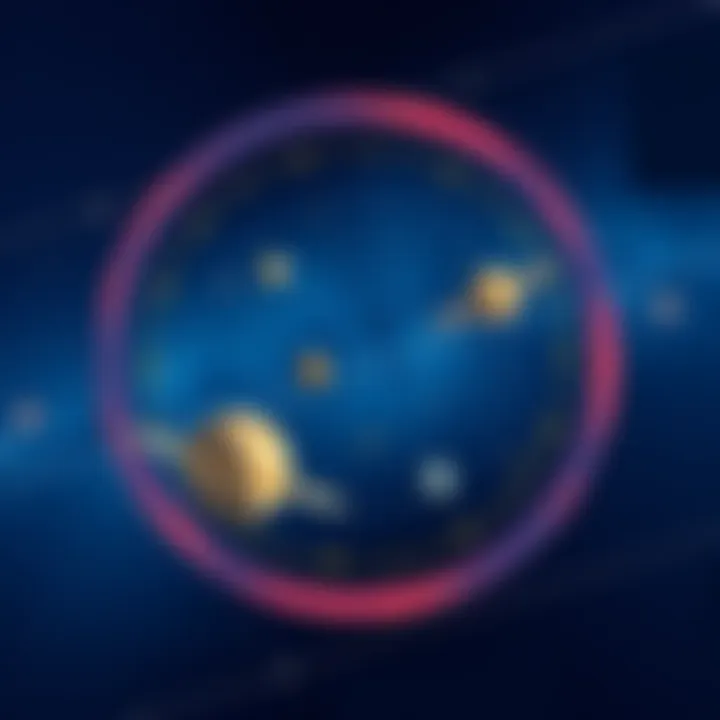 Illustration showing a starry sky with several planets aligned in a circular formation representing the 12th house in astrology
