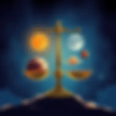 An illustration showing the Sun, Moon, Mercury, Venus, and Mars in a balance scale, symbolizing harmony and identity in Libra.