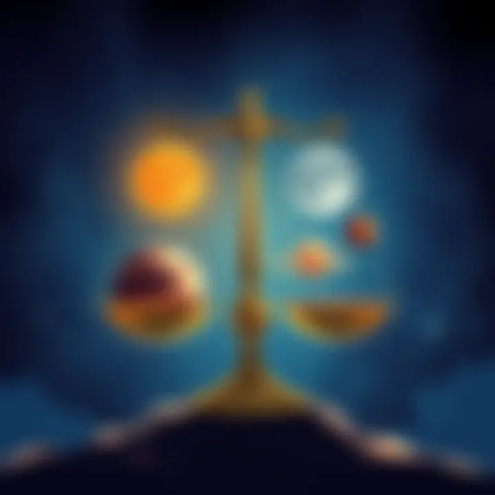 An illustration showing the Sun, Moon, Mercury, Venus, and Mars in a balance scale, symbolizing harmony and identity in Libra.