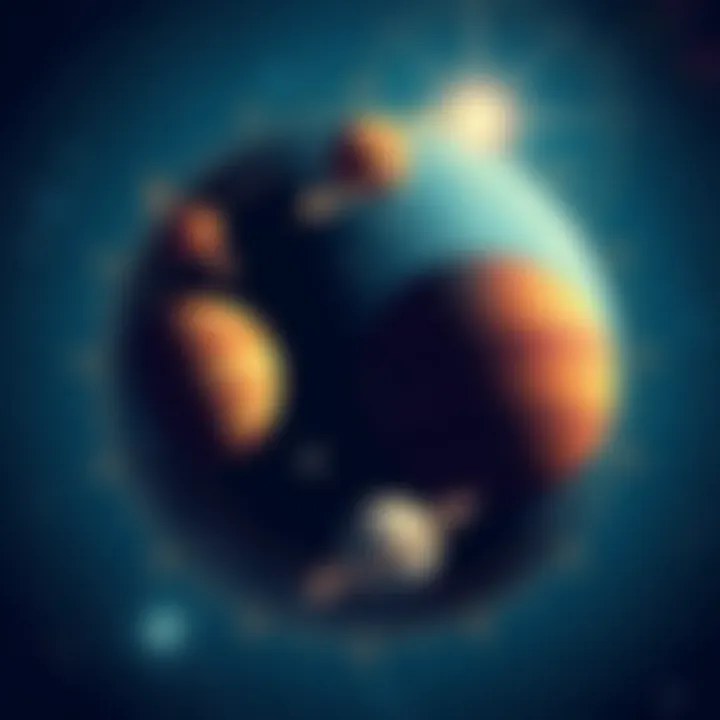 Illustration of celestial planets in transit affecting astrological houses with arrows showing influence on opposite houses.