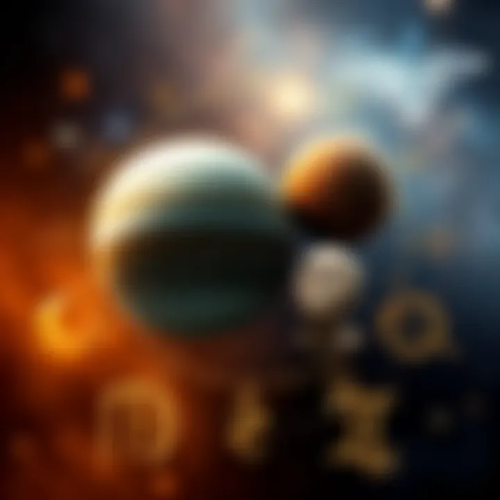 Illustration showing Neptune, Uranus, and Pluto with astrological symbols in a cosmic background