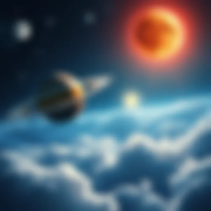 An illustration showing Saturn, Mars, and the Moon in the sky with different weather symbols like snowflakes, sun, and rain clouds below them.