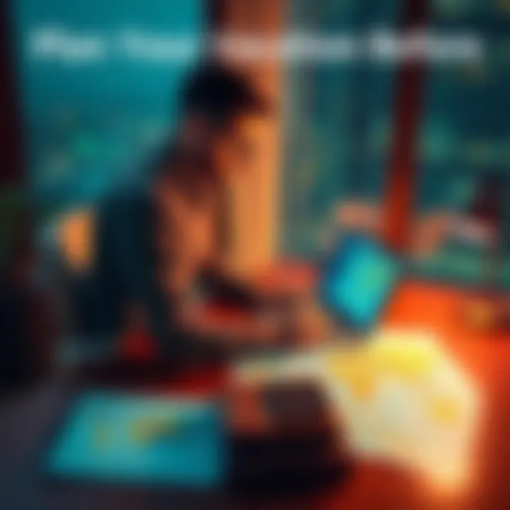 A person sitting at a desk, looking at a laptop with travel documents and a map spread out, planning a vacation before October 29th.