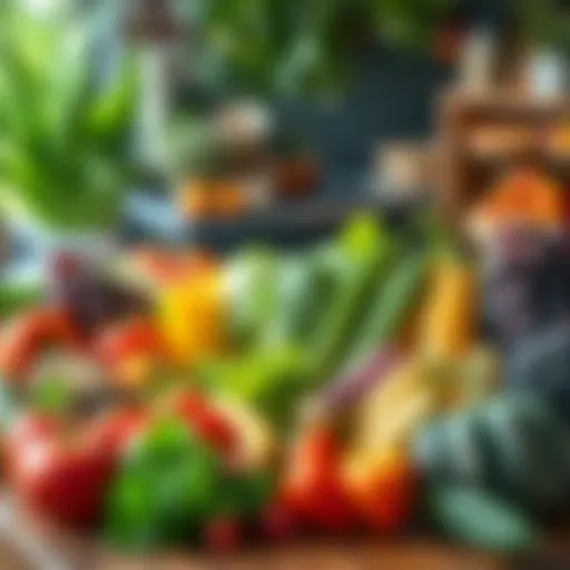 A colorful display of fresh fruits and vegetables arranged on a table, showcasing the benefits of a plant-based diet.
