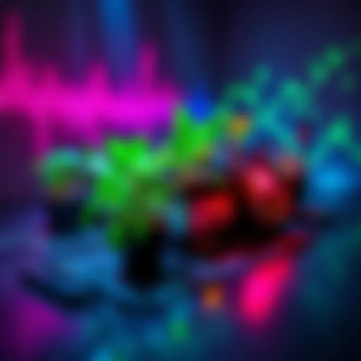 A setup showing plants connected to electronic devices that convert their signals into music, with vibrant colors and sound waves projected around them.