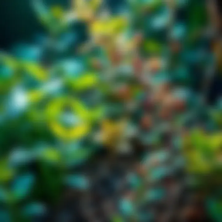 A variety of plants showing resilience in different weather conditions, with bright green leaves and some wilting under dry conditions, symbolizing adaptability.