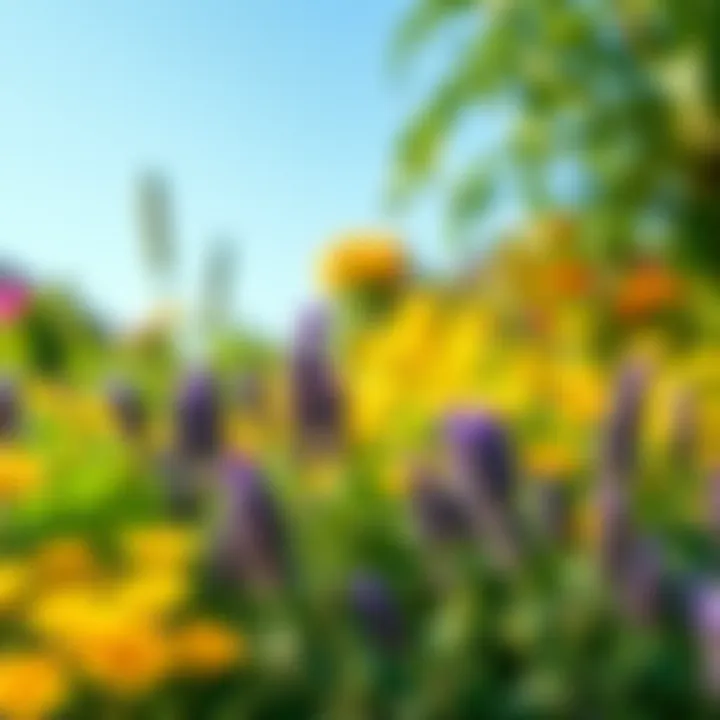 A collection of plants known for their mosquito-repelling scents, including lavender and citronella, arranged in a sunny garden setting.