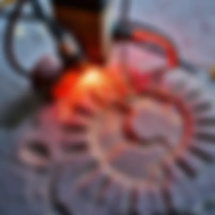 A plasma cutter in action, creating scoop marks on a large stone slab, illustrating ancient stonework methods, with sparks and light visible from the tool.