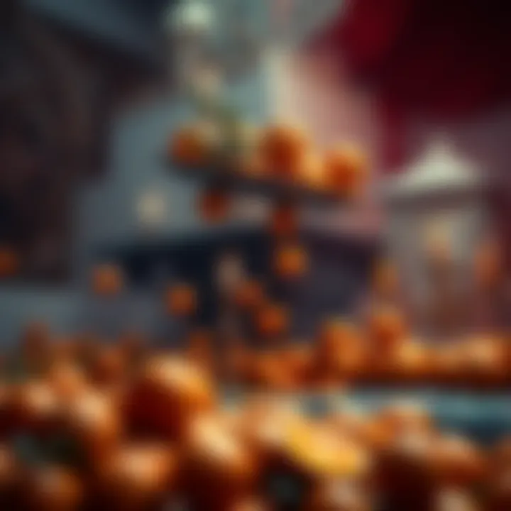 A plate filled with oranges tips over from an altar dedicated to Oshun, with oranges rolling off.