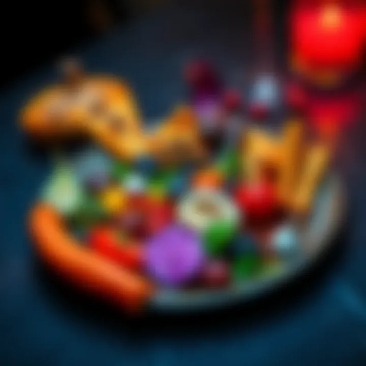 Plate of food with mysterious elements A colorful plate of food featuring unusual ingredients that represent hidden truths in society