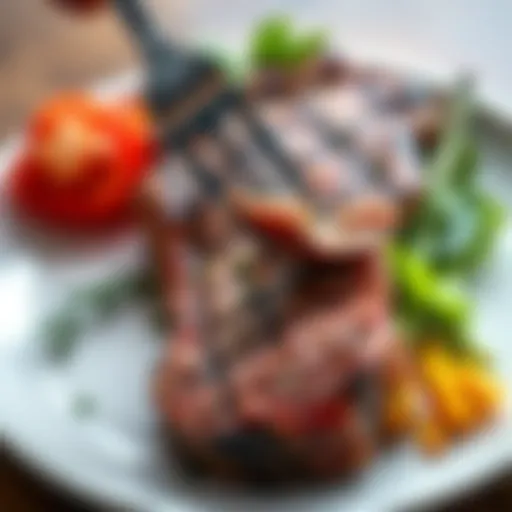 A close-up of a plate featuring meat that looks dry and unappealing, surrounded by fresh vegetables.