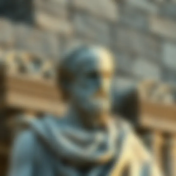 Ancient Greek philosopher A statue representing Plato, the ancient Greek philosopher, set against a classic stone background.