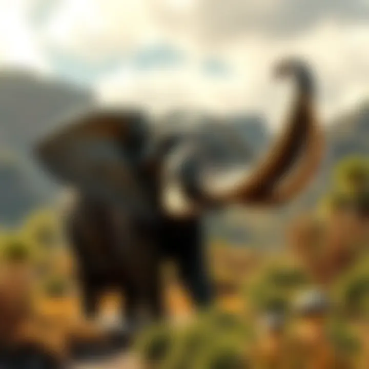 A Platybelodon standing in a prehistoric landscape, showcasing its unusual flat tusks and large body, surrounded by ancient vegetation.