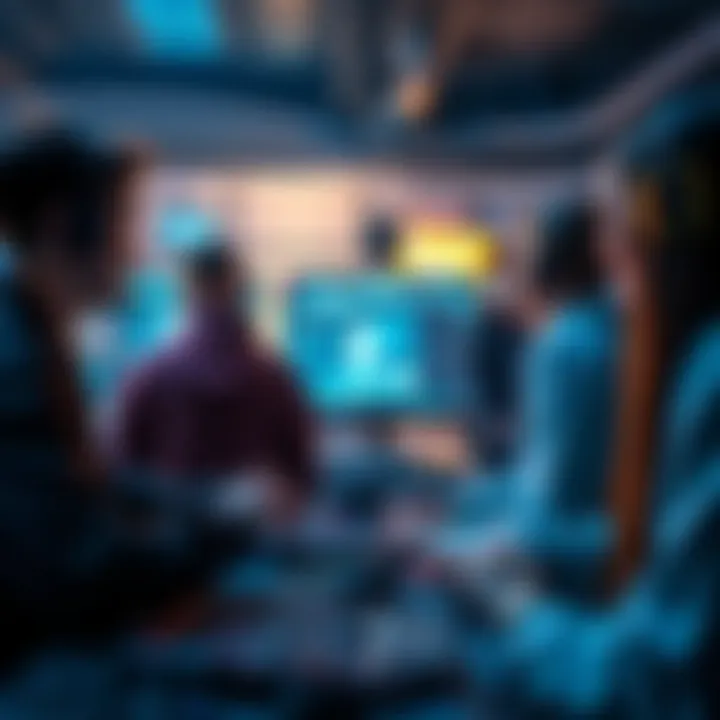 Players in a simulation A group of people engaging with a life simulation game, showing a blend of real and virtual elements.