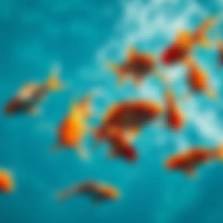 A group of fish splashing and jumping playfully in a bright blue pond