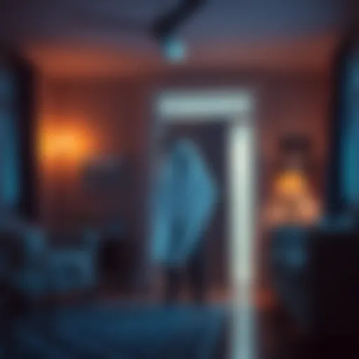 A living room with flickering lights and a door slightly ajar, suggesting a playful ghost presence.