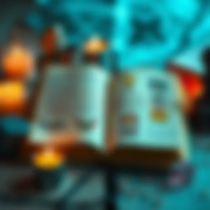 An open spellbook with colorful illustrations of light-hearted spells, surrounded by small magical items like candles and crystals.