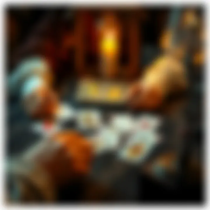 A person laying out playing cards on a table, seeking spiritual guidance and interpretations for divination.