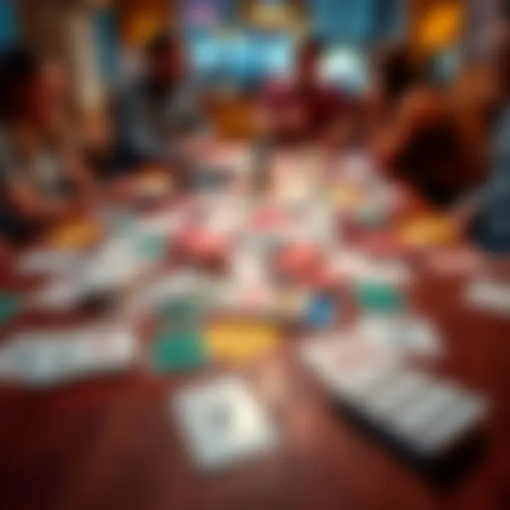 A colorful spread of regular playing cards laid out on a wooden table, inviting players to join in for fun games, with a few people in the background chatting and laughing.