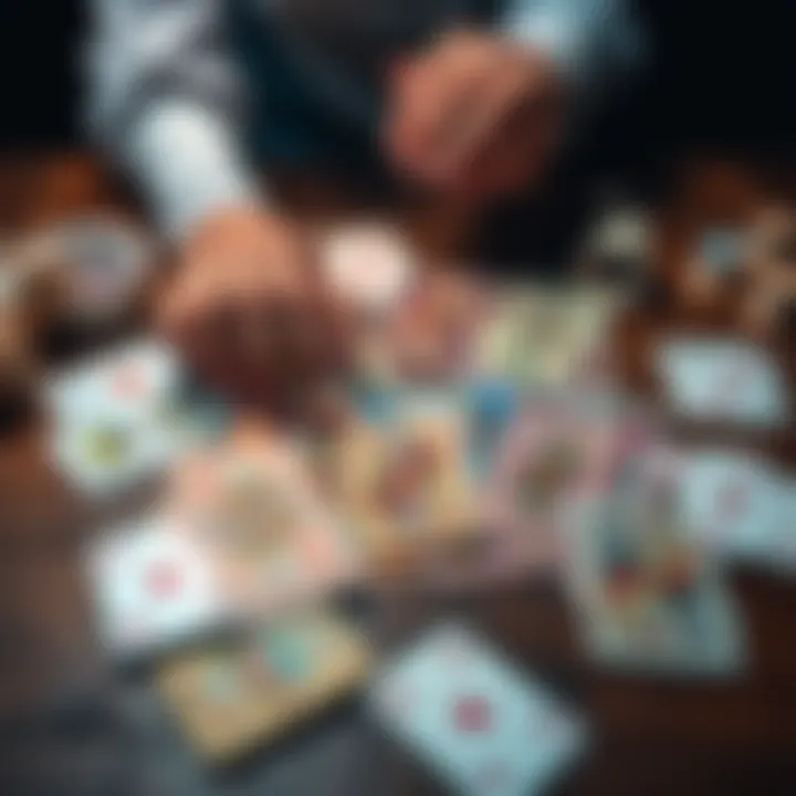 A colorful deck of playing cards spread out on a wooden table with hands reaching for them.