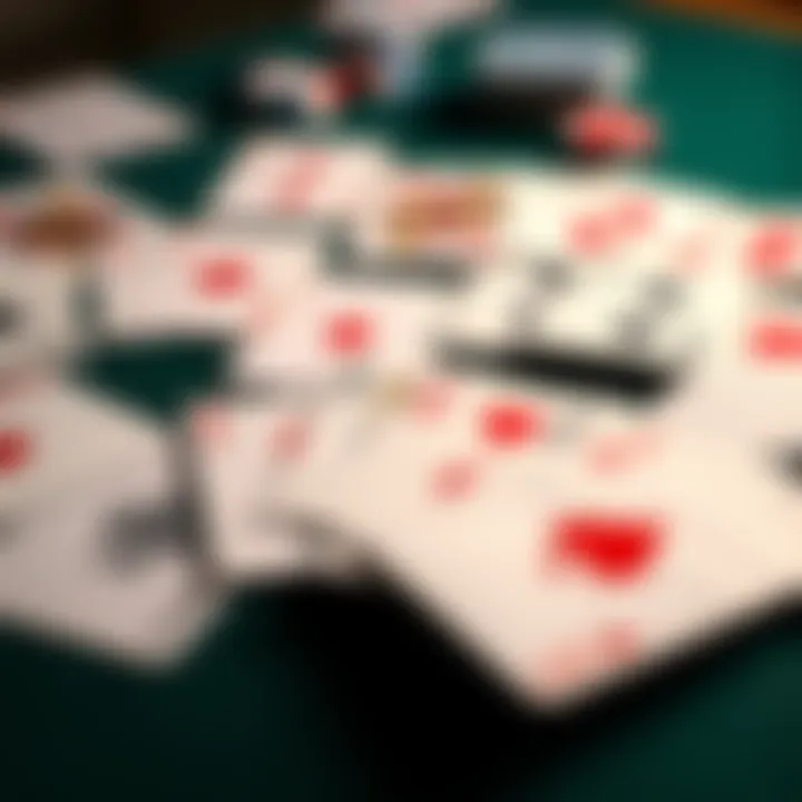 A spread of colorful playing cards showing different suits and numbers on a table