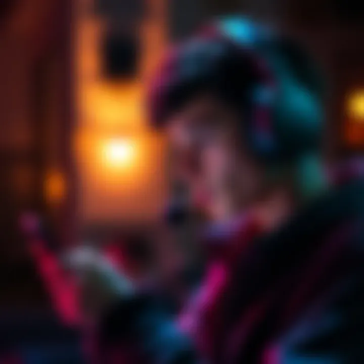A person listening to music with headphones while looking at a playlist on a phone