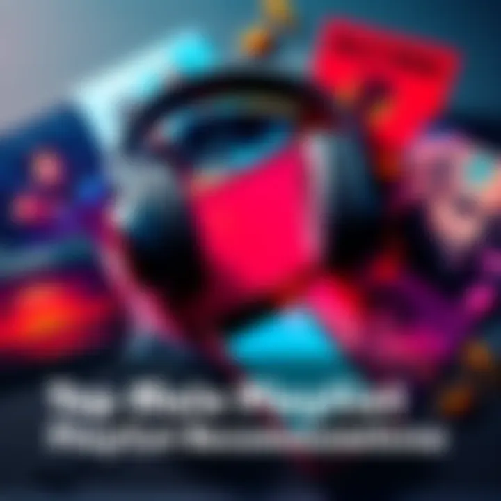 A collage of album covers with headphones and a smartphone surrounded by musical notes