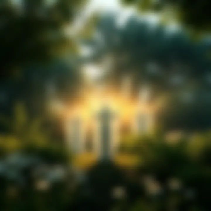 Three ethereal beings with glowing auras stand surrounded by lush trees, conveying a sense of love and guidance.