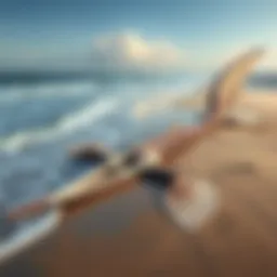 A lifelike illustration of the Zuiyo-Maru carcass resembling a plesiosaur washed ashore, showcasing its long neck and flippers on a beach with ocean waves in the background.