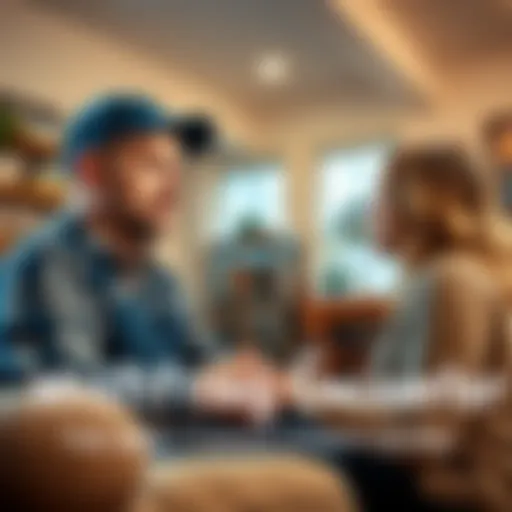 A plumber with striking blue eyes engages in a deep conversation with a homeowner inside a cozy living room, both looking intrigued by the unexpected meeting.