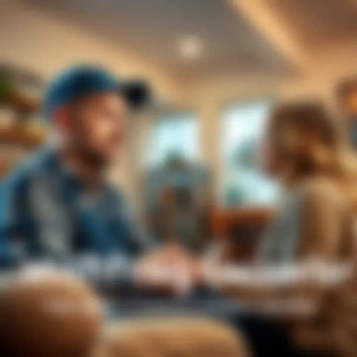 A plumber with striking blue eyes engages in a deep conversation with a homeowner inside a cozy living room, both looking intrigued by the unexpected meeting.