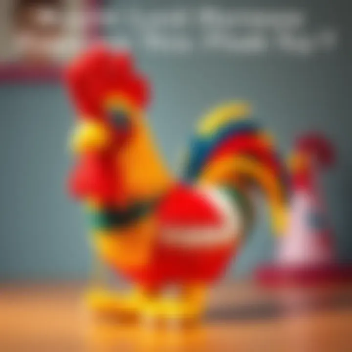A colorful plush toy resembling a rooster, showcasing its unique design and features