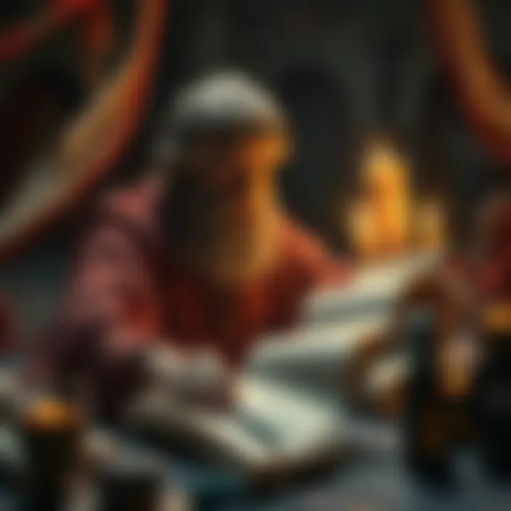 A depiction of Plutarch surrounded by scrolls, reflecting on the nature of superstition and its effects on fear and fate.