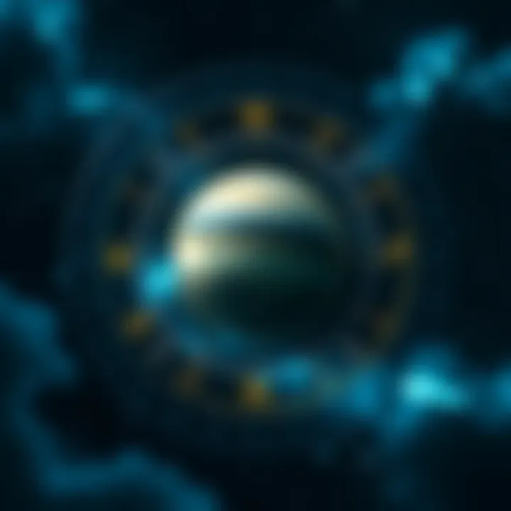Astrological chart featuring Pluto's placement and symbols of power and transformation, surrounded by zodiac signs