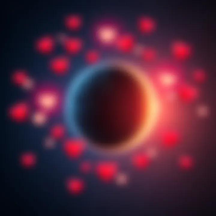 A vibrant image of Pluto depicted with glowing hearts around it, symbolizing love and emotional connections, with a starry background.