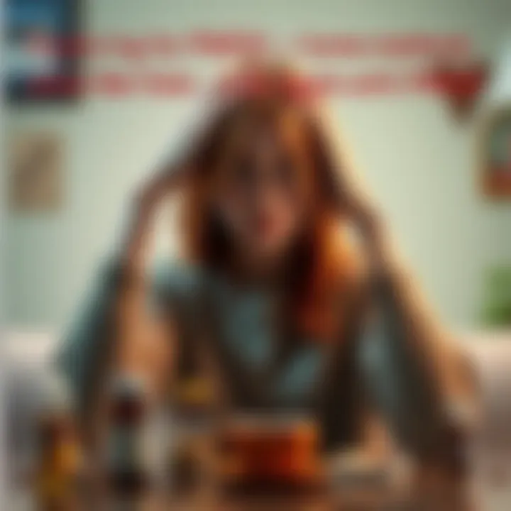 A thoughtful woman holding her head, contemplating her PMDD journey with coffee and homeopathic remedies around her.