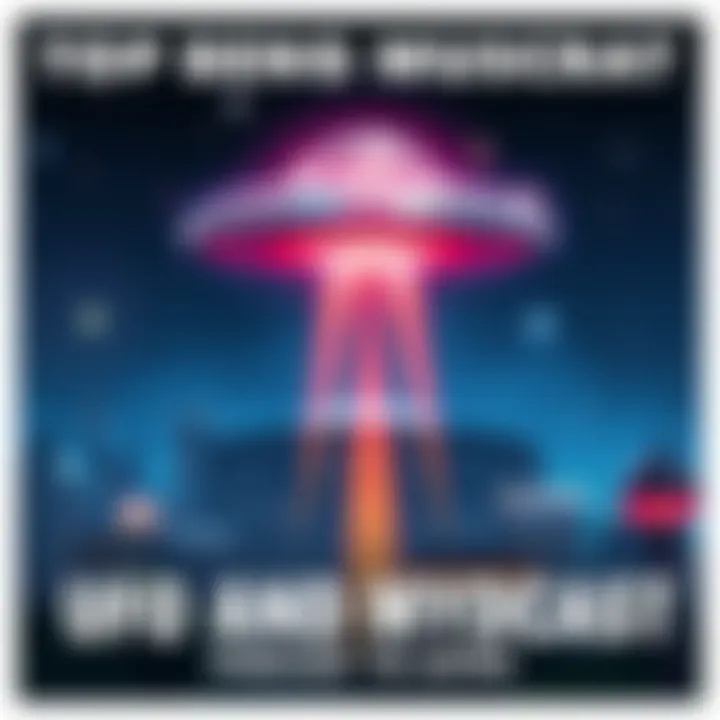 A colorful podcast cover featuring a UFO hovering over a city skyline at night, with stars in the background.