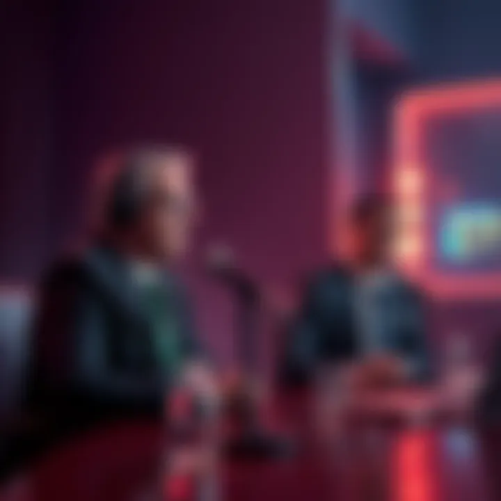 A DOJ official sits across from Maxwell's lawyer during a podcast recording, with microphones in front of them.