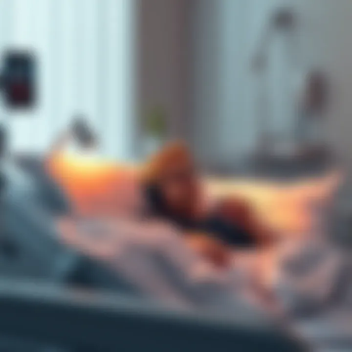 A hospital room with a father resting in bed, headphones on, listening to a podcast, with comforting visuals like soft light and a plant nearby.
