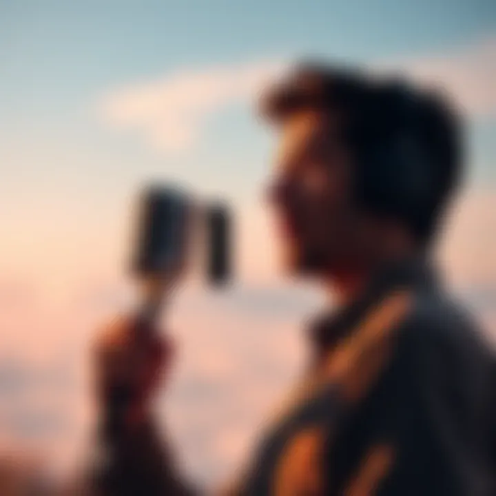 A person speaking into a microphone with a serene background, inviting guests to share their stories on the podcast.
